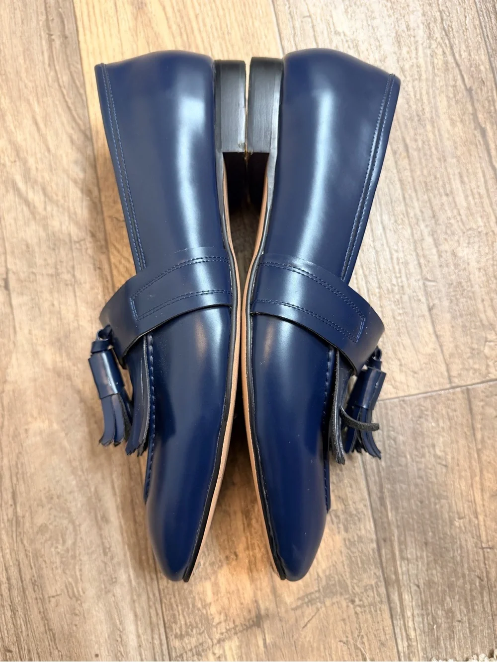 Navy Tassel Fringe Leather Slip-On Loafers